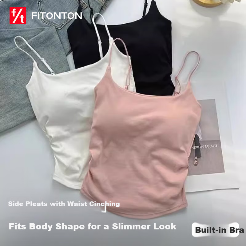 FitonTon Women's Camisole Tank Top with Built-In Bra Pads, Casual Versatile Pure Desire Style Sports Bra for Outer Wear And Inner Wear, Red
