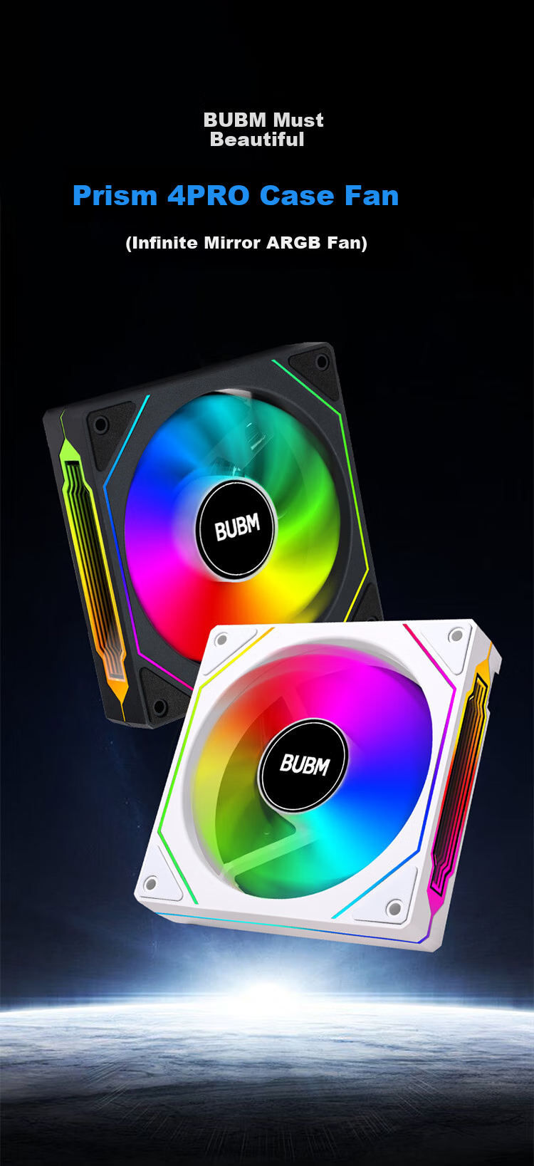 BUBM Case Fan Prism 4pro 12cm ARGB Synchronized Lighting, Computer Cooling Fan PWM Intelligent Temperature Control, Desktop High Airflow, Quiet Fan, White Straight Blade 1