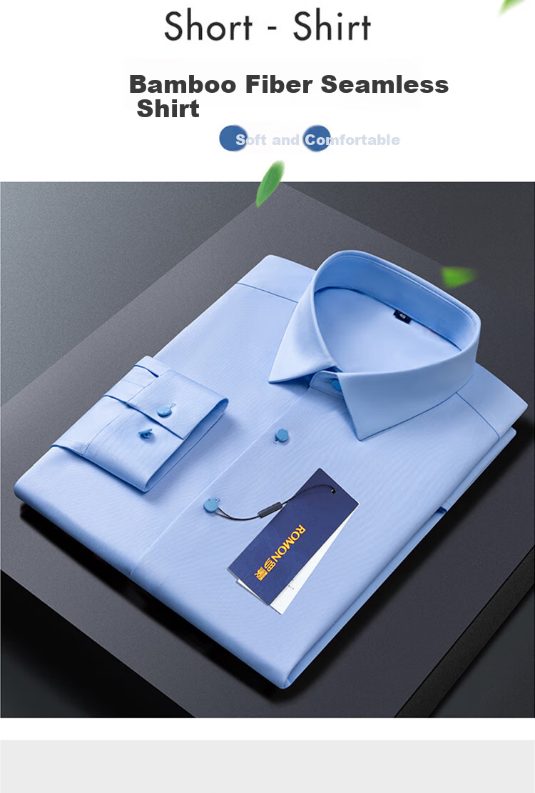 ROMON Bamboo Fiber Professional Formal Dress Shirt Long Sleeve Slim Fit Elastic Men's Shirt Blue M 1