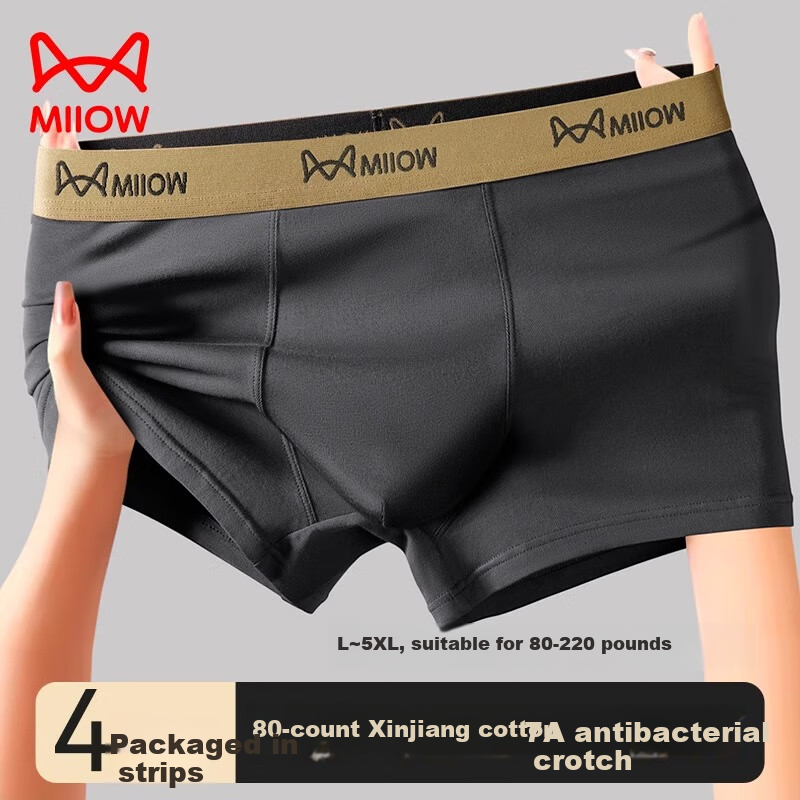 MiiOW [4 Pieces] Men's Underwear, 7A Antibacterial Pure Cotton Seamless Breathable Youth Large Size Boxer Briefs
