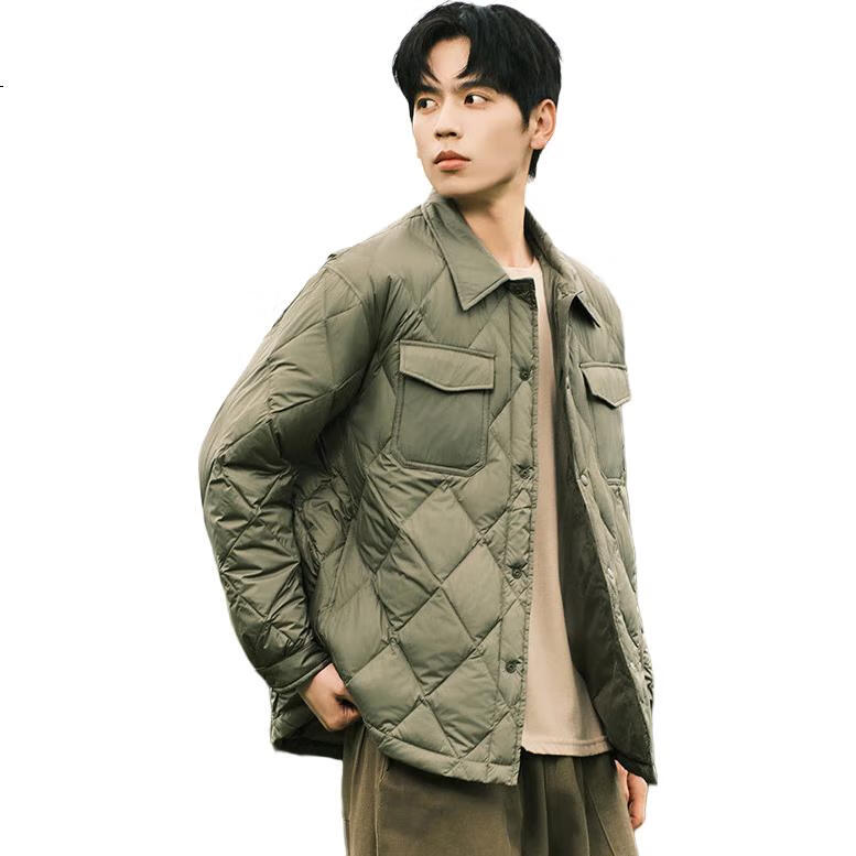 HIPANDA Men's down Jacket with Shirt Collar, Fashionable Thick Warm down Coat, Couple Matching Diamond Pattern Outerwear, Army Green, Size L