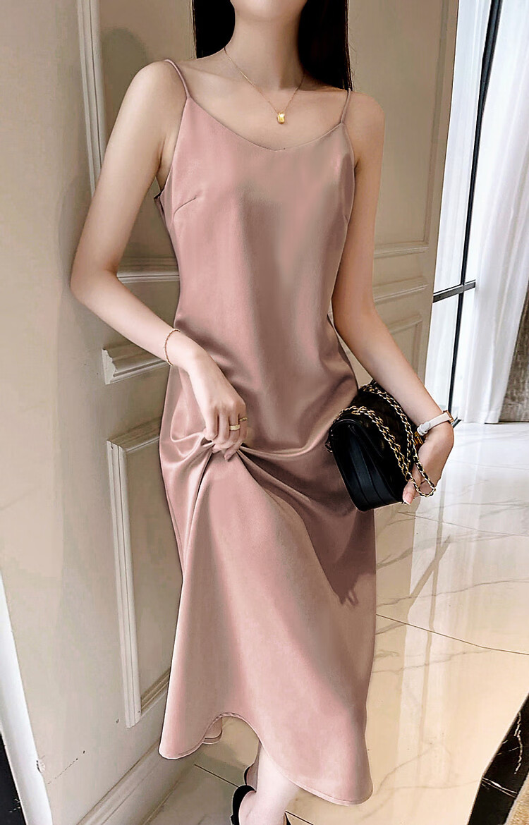 Dme [Glossy Satin Spaghetti Strap Dress], Elegant X-Shaped Spaghetti Strap Midi Dress for Women, Spring And Summer 6