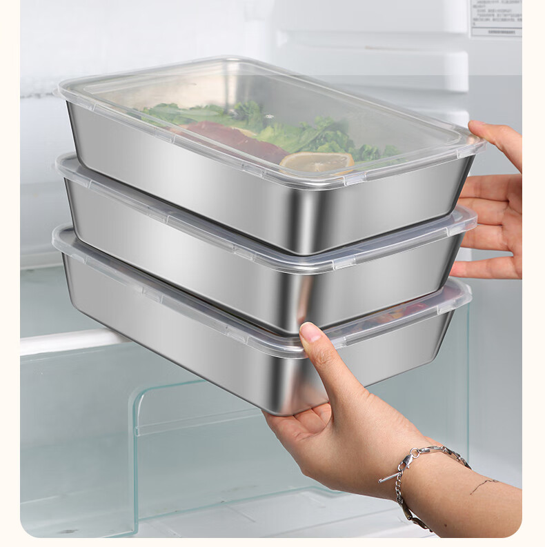 BJ 304 Extra Thick Stainless Steel Rectangular Tray, Serving Tray for Street Vendors, Cold Dish Plate, Barbecue Plate, Large Food Storage Container with Lid, 1 Piece 5
