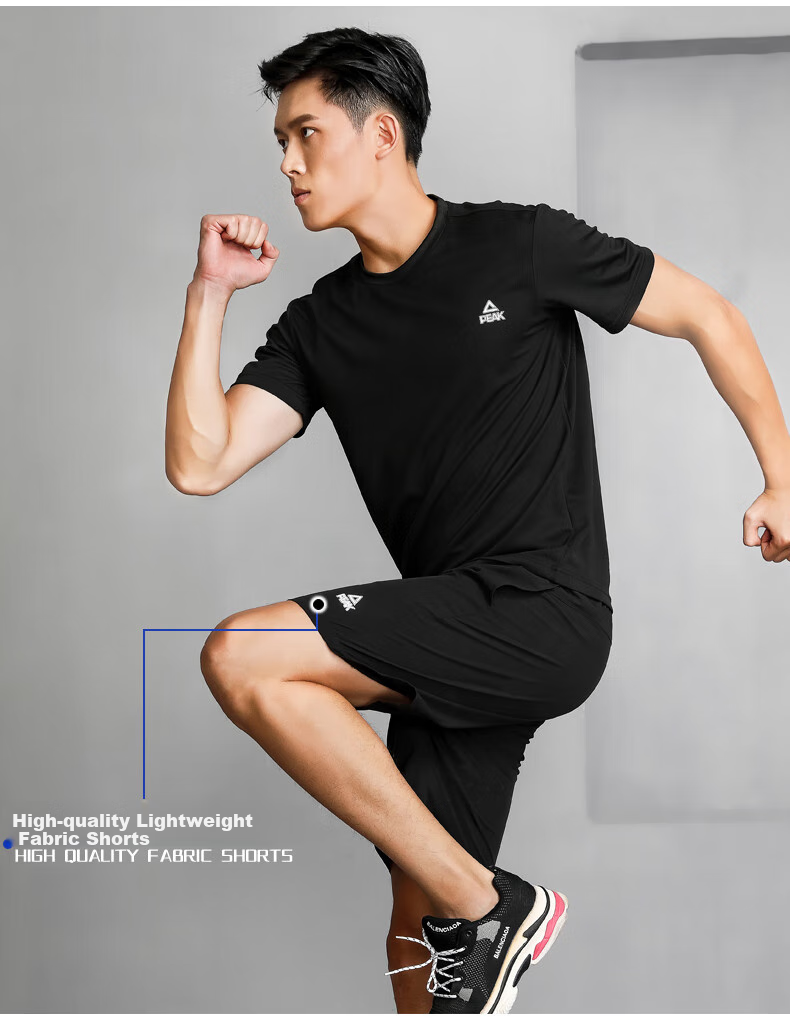 PEAK Badminton Outfit Men's Sports Set Quick-Dry Sweat-Wicking Breathable Elastic Fitness Training Two-Piece Set Black YS81306 (Short Sleeve + Shorts) Black 3XL 4