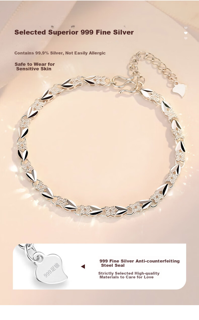 Mini & Yaya 99 Sterling Silver Four-Leaf Clover Bracelet, Women's Beaded Fashion Accessory, Niche Valentine's Day Birthday Gift for Girlfriend 3