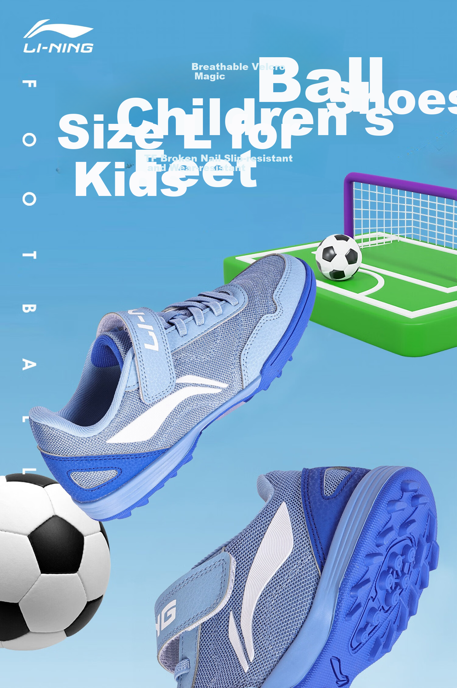 Li-Ning Children's Soccer Shoes, TF Turf Studs, Boys' Elementary School Students Aged 6-12, Velcro Straps, Breathable Training And Competition Non-Slip Football Boots, Size 38 1