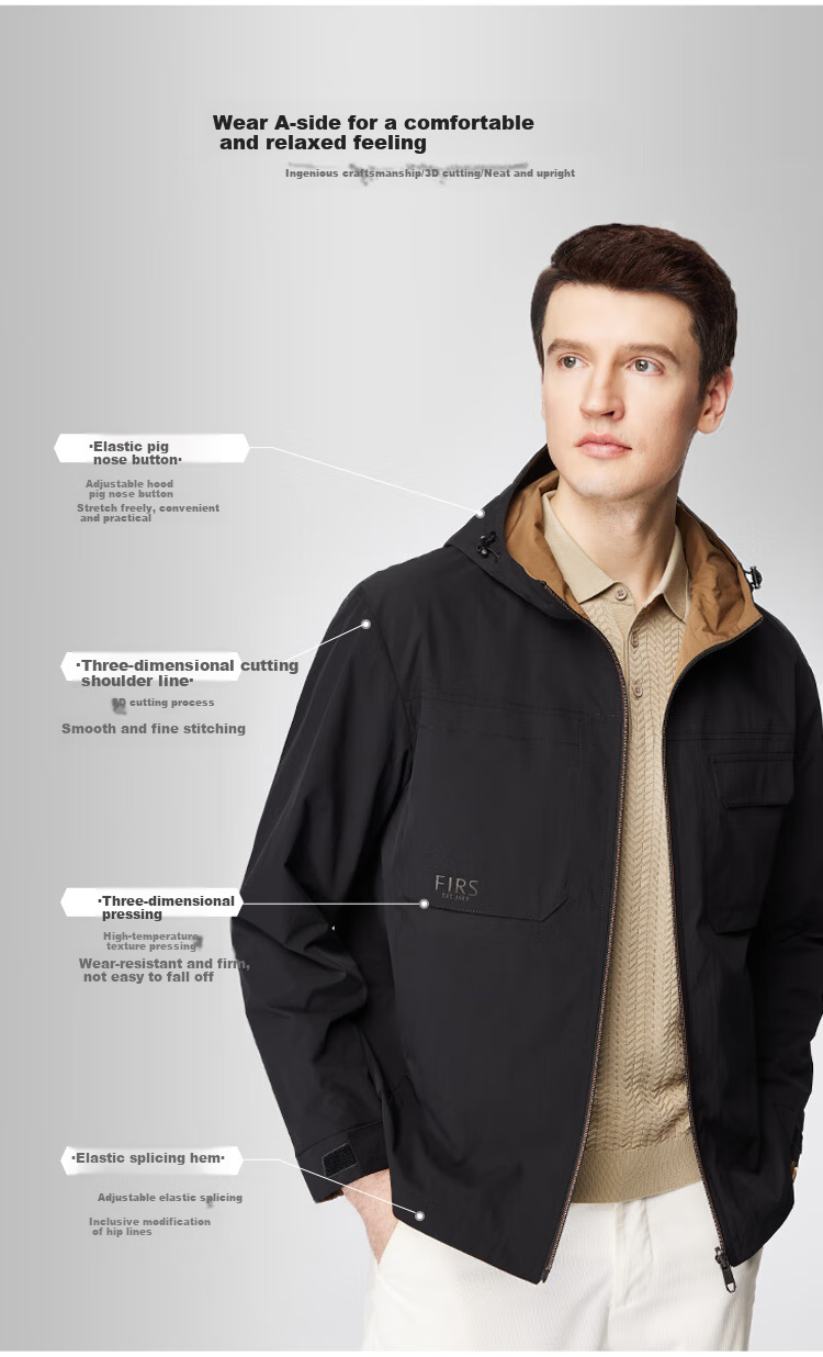 FIRS Double-Sided Hooded Jacket for Men, Spring And Autumn Zipper Windproof Rain-Resistant Adjustable Outdoor Commuter Coat 8