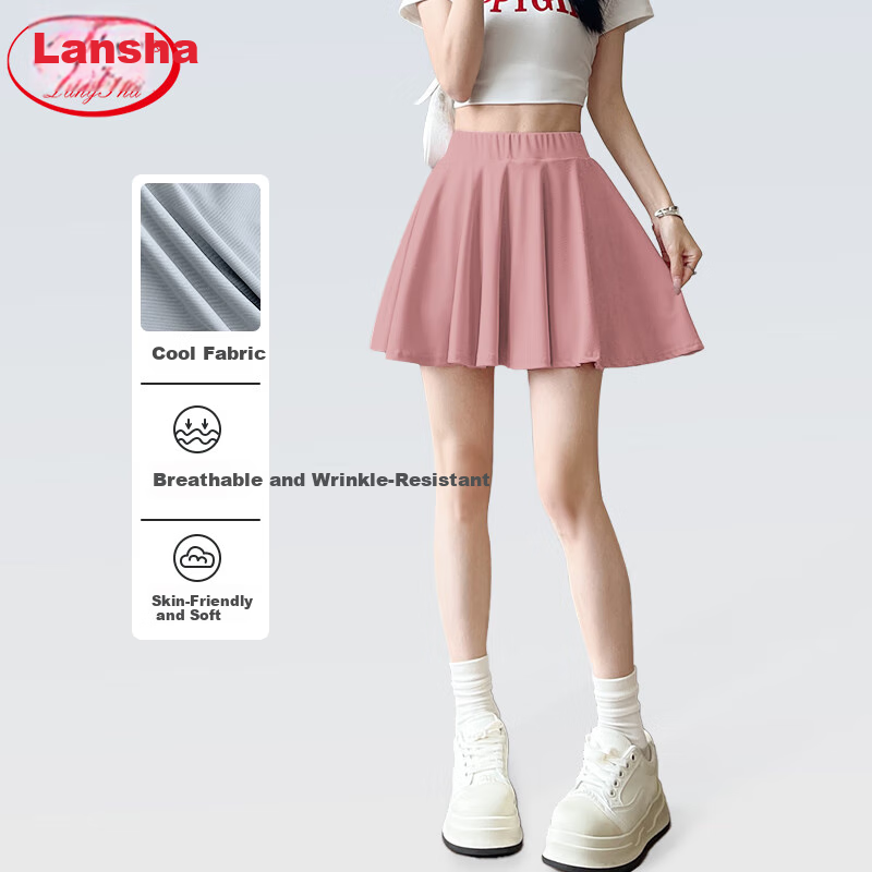 LangSha Women's Midi Skirt Summer 2025 New High-Waisted Slimming Ice Silk Pleated Skirt Anti-Exposure Casual Sports A-Line Short Skirt