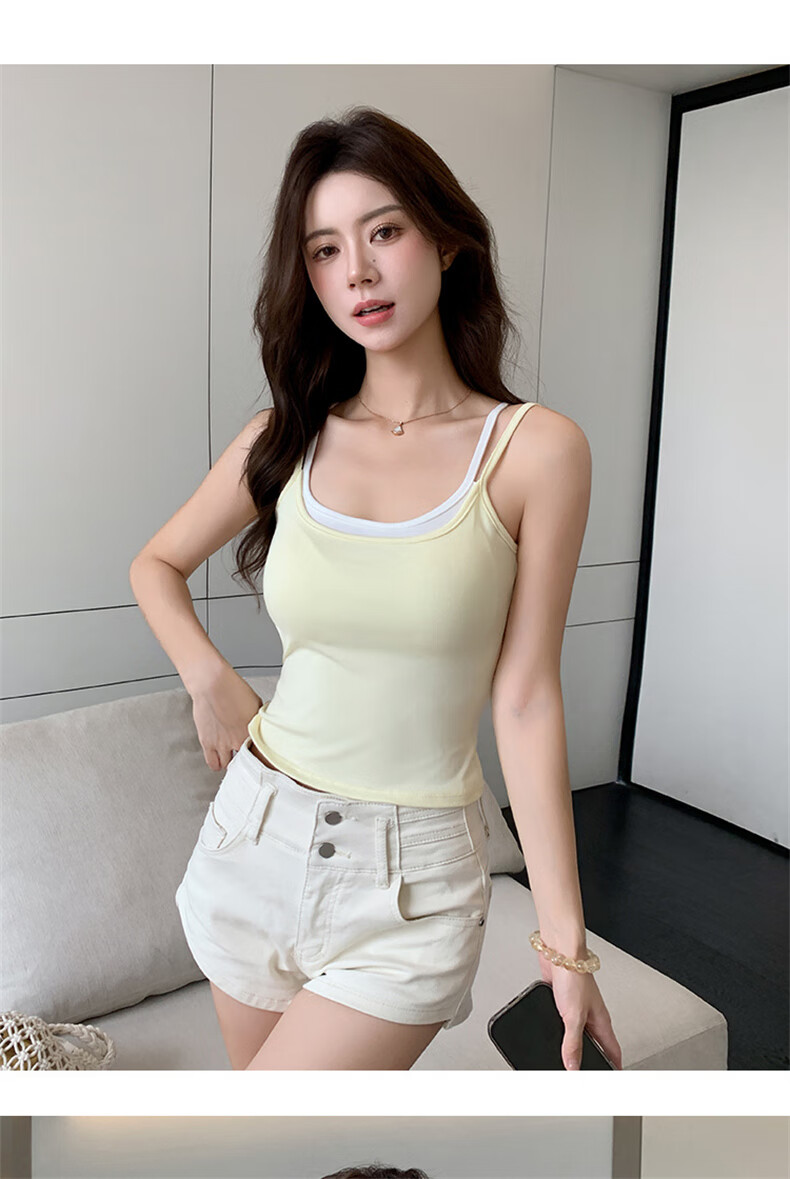 LangSha Women's Fake Two-Piece Small Camisole with Chest Pad, New Color-Block Double Shoulder Straps, Slim Fit, Backless Outerwear Top 16