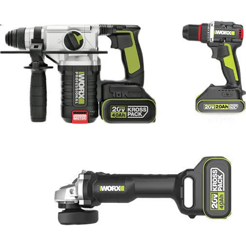 Аккумуляторный перфоратор WORX WU388, 20В, 4.0 Ач х 2 шт., бесщеточный, 3 режима