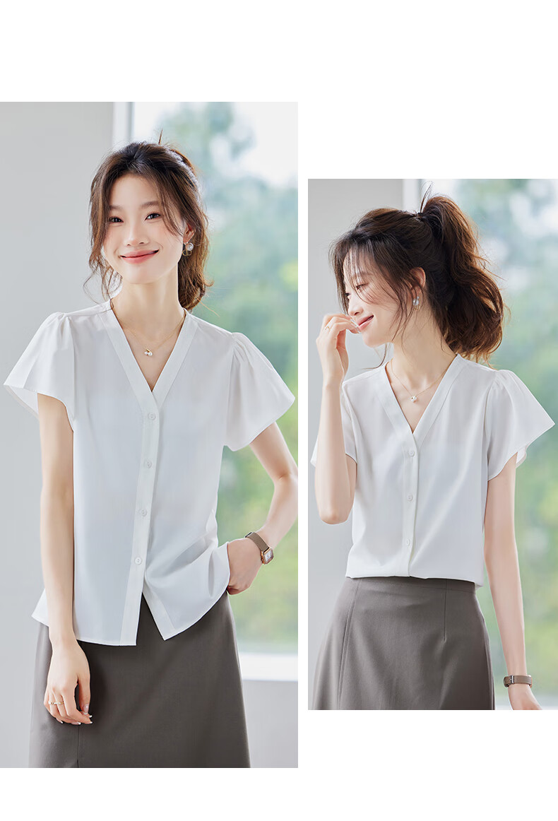 Jeanswest Women's Shirt 2026 Summer Short Sleeve Elegant Versatile Fashion V-Neck Solid Color Top Blue L 5