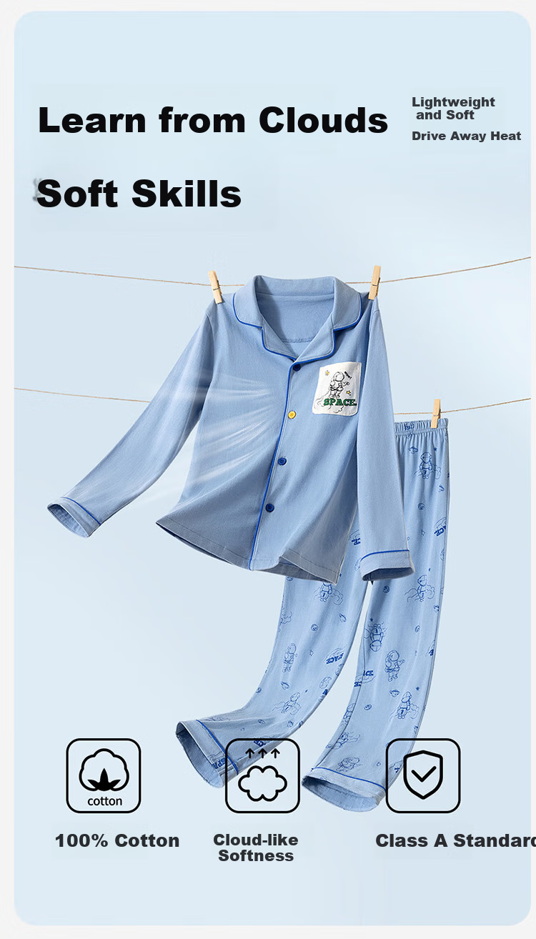 Dingguagua Children's Pajama Set, Spring And Summer Long-Sleeve Pure Cotton Boys' Loungewear, Class A Breathable, Green All-Over Print, Size 120 3