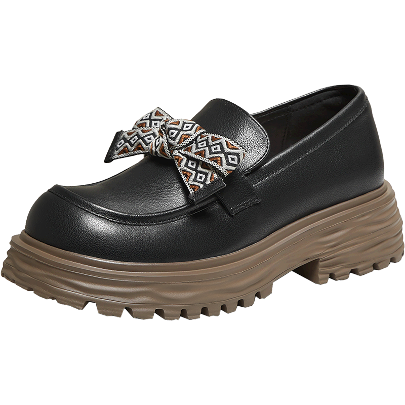 TATA New Thick-Soled Bow Lady Loafers Comfortable Versatile Black 37