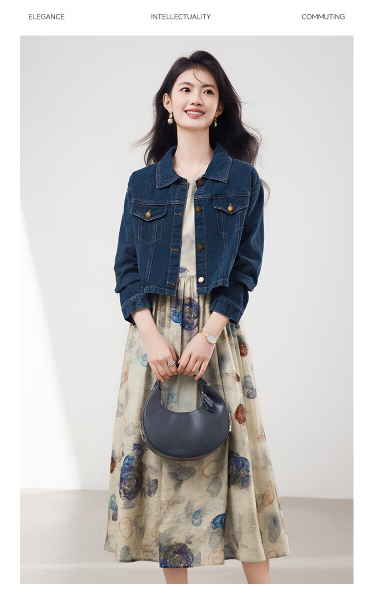 Xinfeiyu Vintage Denim Embroidered Short Jacket for Women, Spring 2026 New Stylish Versatile Printed Dress Two-Piece Set Hong Kong Style Outfit 4