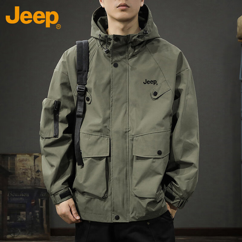 JEEP Men's Jacket Autumn Winter Hooded Workwear Loose Fit Outdoor Coat Green 2XL