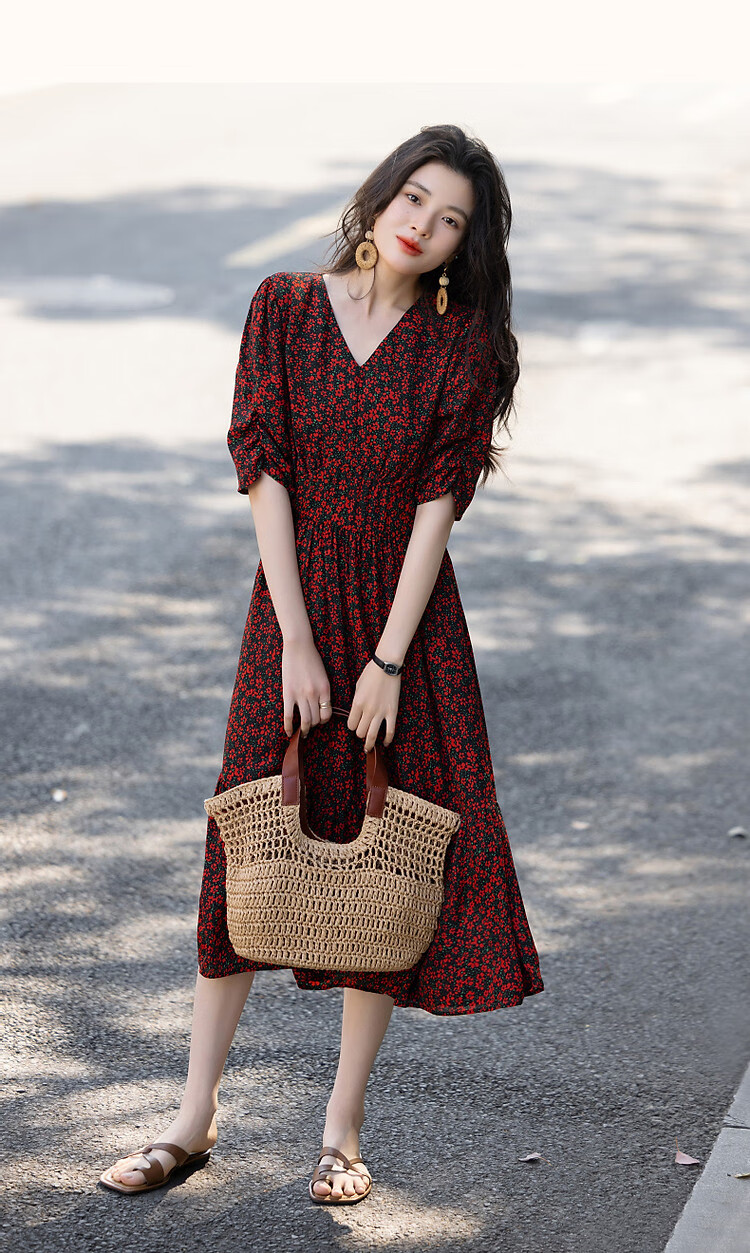 Demana [Passionate French Style] Summer Lightweight Chiffon Printed V-Neck Short Sleeve Waist-Cinched Ruffle Hem Elegant Women's Dress 16