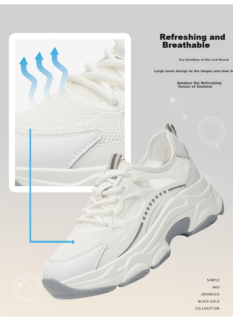 DAPHNE Women's Versatile Sports Casual Shoes with Breathable Mesh Upper, Lightweight Comfortable Thick-Soled Dad Sneakers, White And Silver, Size 42 5