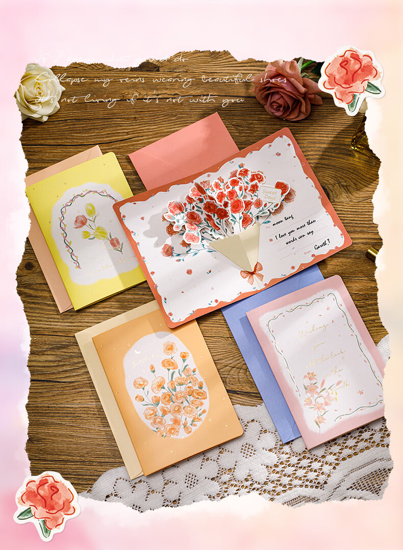 Tianse Floral 3D Greeting Card Premium Teacher Valentine's Day Birthday Postcard Writing Card New Year Gift Souvenir TS-6143 Rose 1