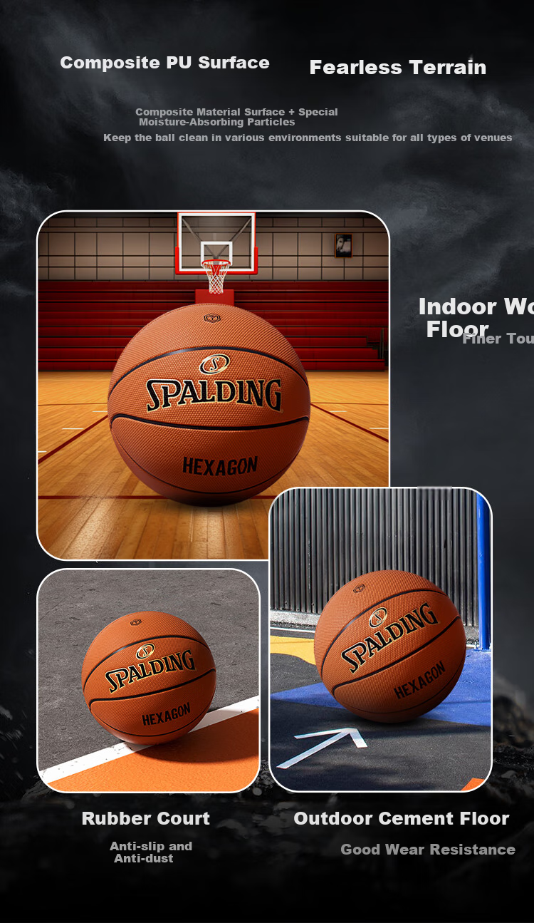 JD Original | Spalding Co-Branded HEXAGON Series No. 7 PU Adult Basketball, Moisture-Absorbing Standard Size 7 Ball 9