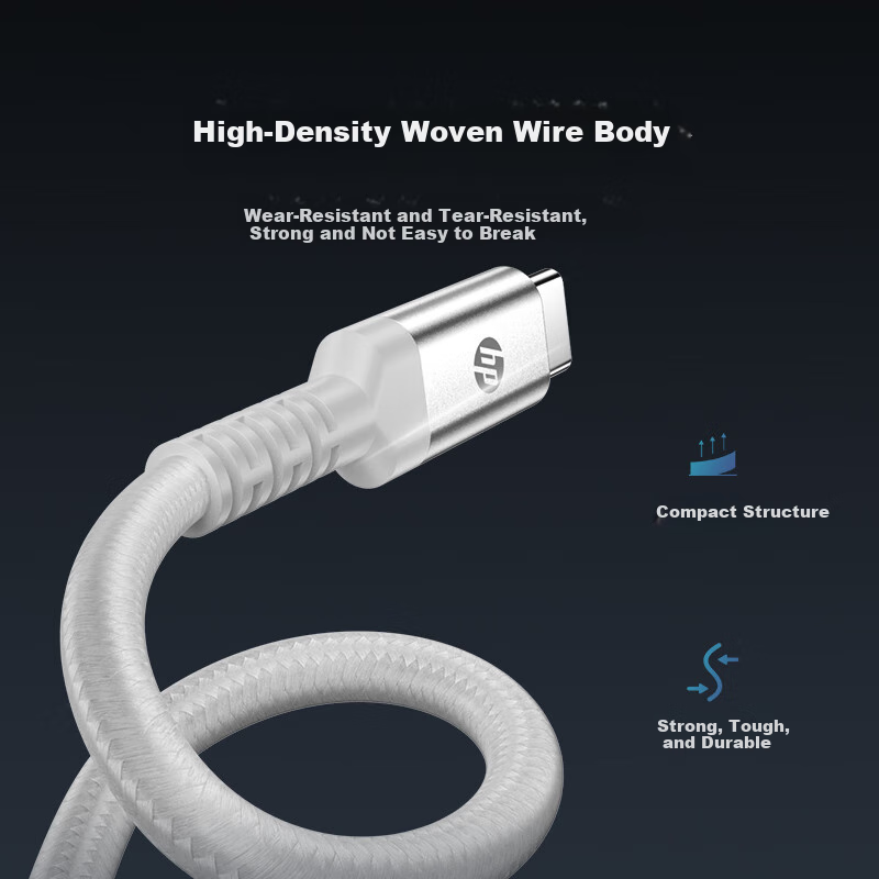 HP Dual-Head Type-C Data Cable, PD100W Fast Charging, Car CarPlay Charging Cable, E-Marker Chip Braided Wire, Suitable for Tablets And Smartphones, 2 Meters