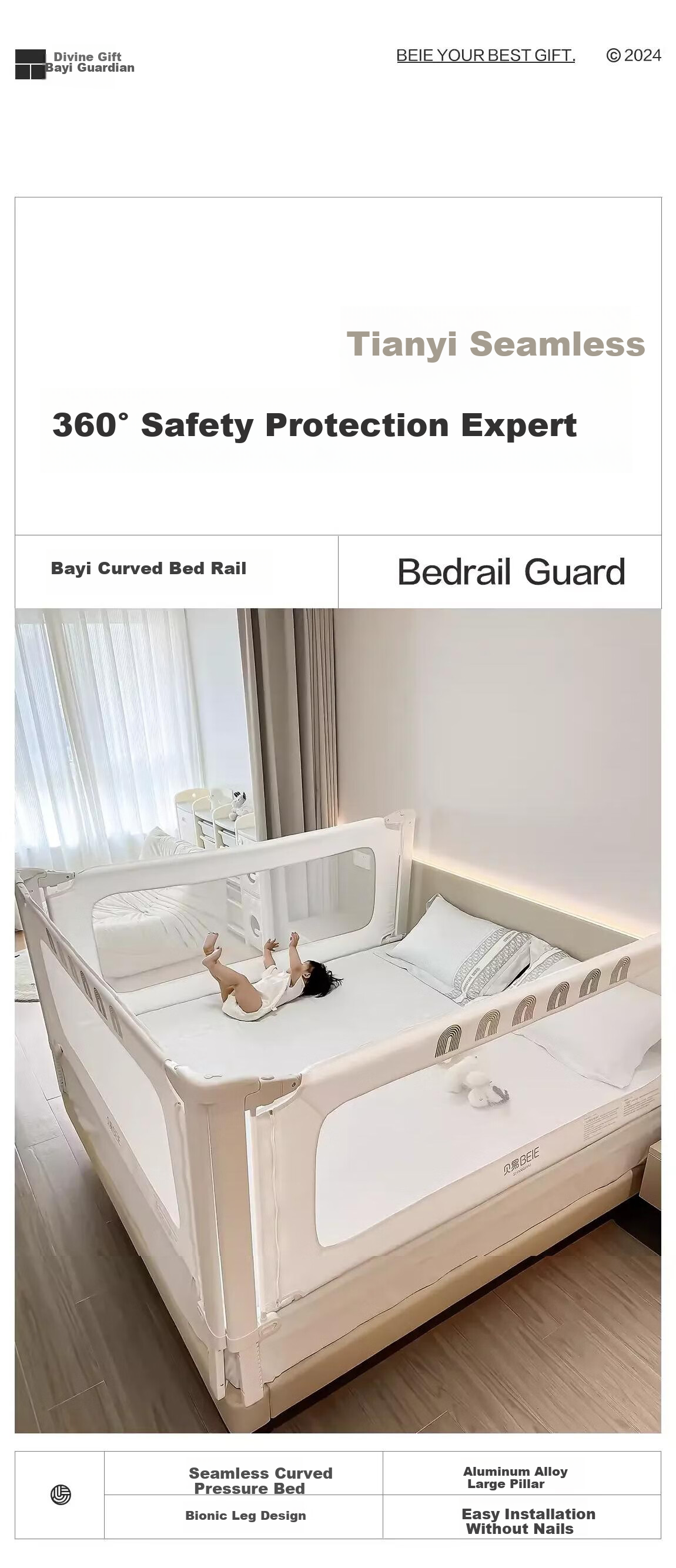 BEIESTATE Curved Bed Guardrail, Baby Bed Anti-Fall Rail, U-Shaped Support Legs, BEIESTATE Rainbow Single-Sided Installation, 1.8m 2