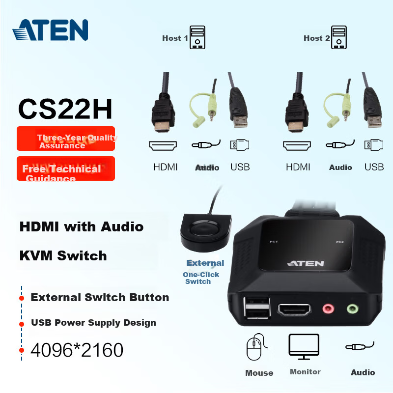 ATEN CS22H Integrated HDMI2 Port KVM Switch, 4K Multi-Computer Screen Splitter, Hot-Swappable USB, with Audio, External Switch Buttons