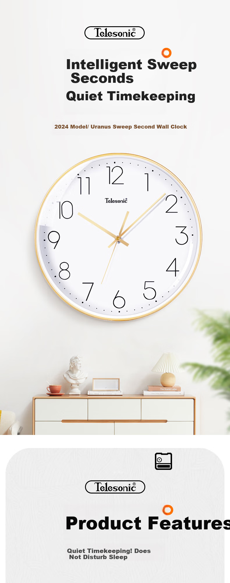 Telesonic Wall Clock, Bedroom Clock, Living Room Clock, Home Large Digital Clock, Fashionable Minimalist Wall-Mounted Clock, Creative Quartz Clock, 36cm 1