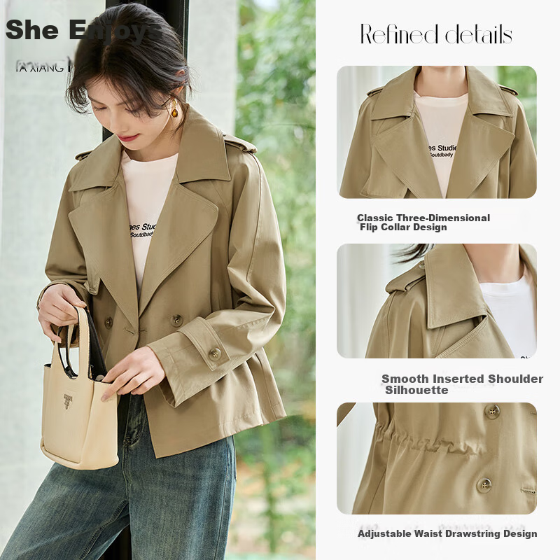 Taxiang British Style Short Windbreaker for Petite Women, Loose-Fitting Short Jacket, Versatile Casual Outerwear for Spring And Autumn, T51D025
