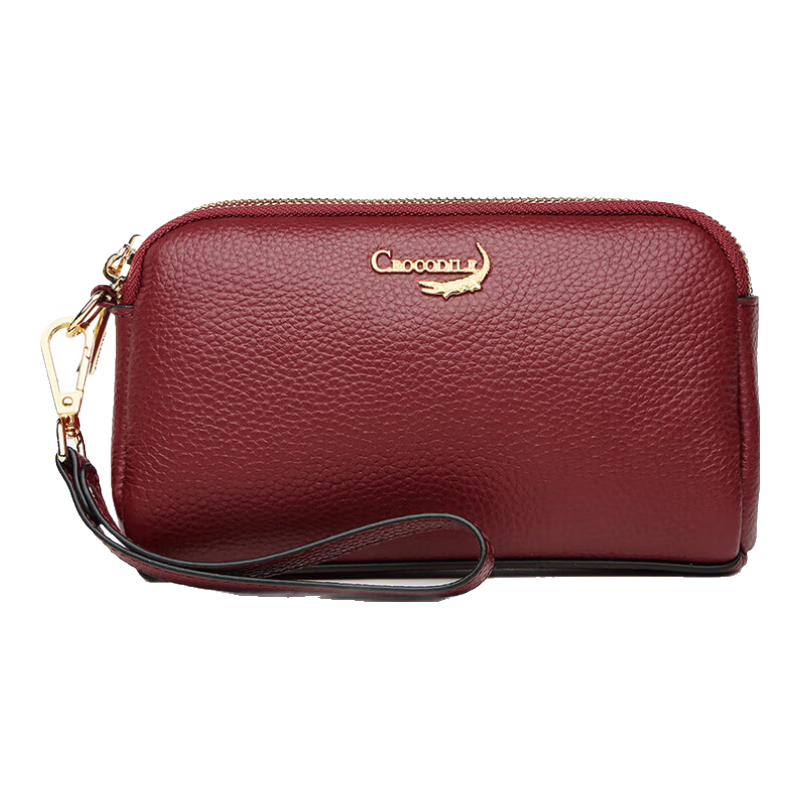 CROCODILE Goddess Festival Double Zipper Top-Grain Leather Wristlet Bag, Women's Clutch Bag, Simple Long Wallet T2008 Wine Red