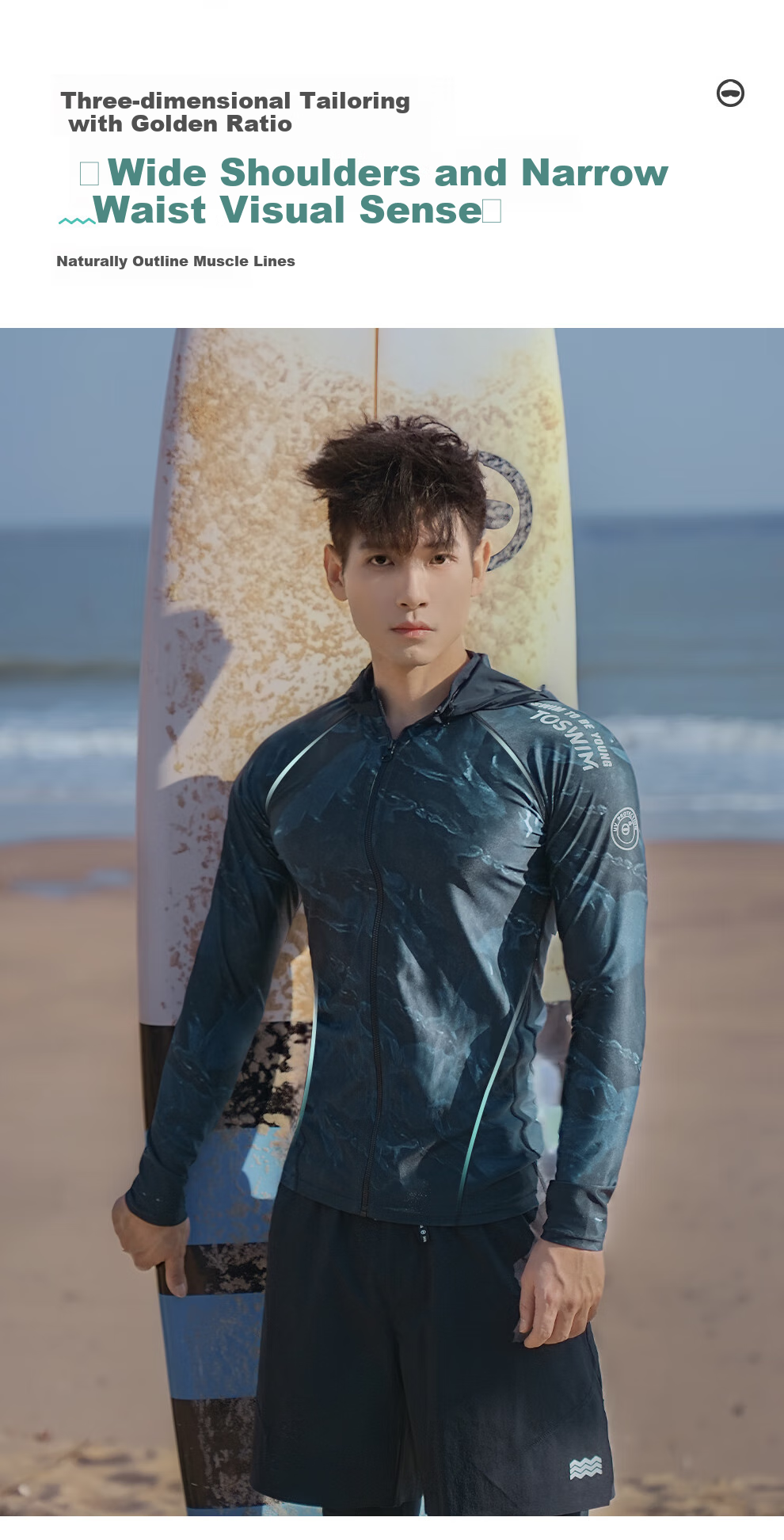 TOSWIM Men's Swimwear Surfing Suit Long Sleeve Sun Protection Quick-Dry Hooded Single Top, Glossy Water Film M 6