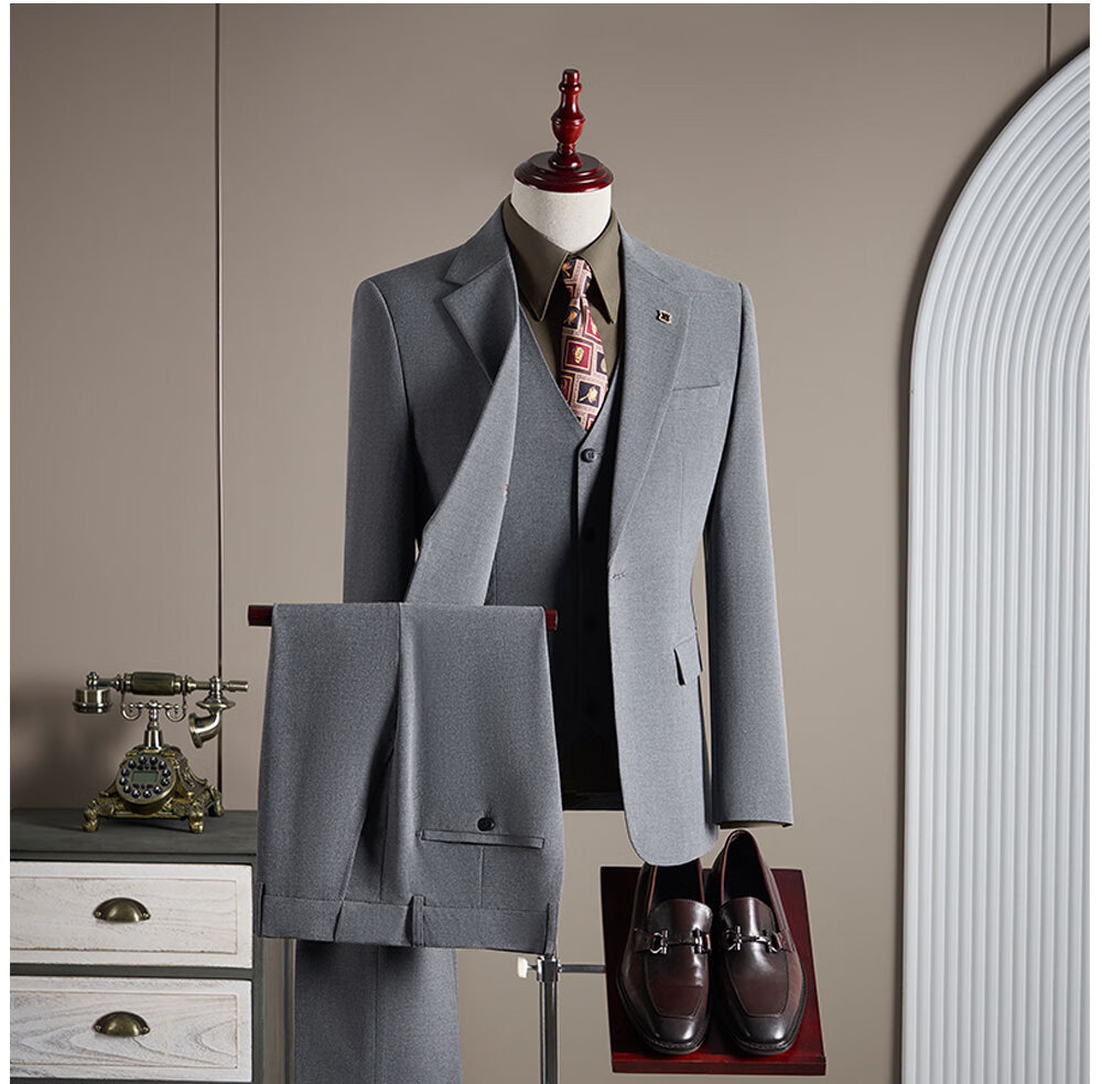 ROMON Men's Business Suit Set Blazer + Vest + Trousers Light Gray XL 26