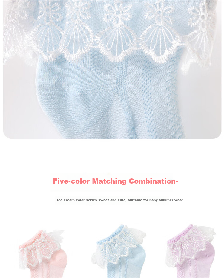 LangSha Children's Socks, Girls' Summer Thin Lace-Trimmed Dance Socks, Cute Versatile Princess Socks, White, 5 Pairs 8
