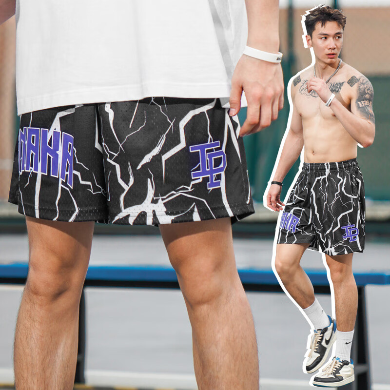 BKCXZICE SMVP Lightning Print American Retro Basketball Shorts, Quick-Drying Breathable Mesh Running Sports Fitness Pants Beach Shorts