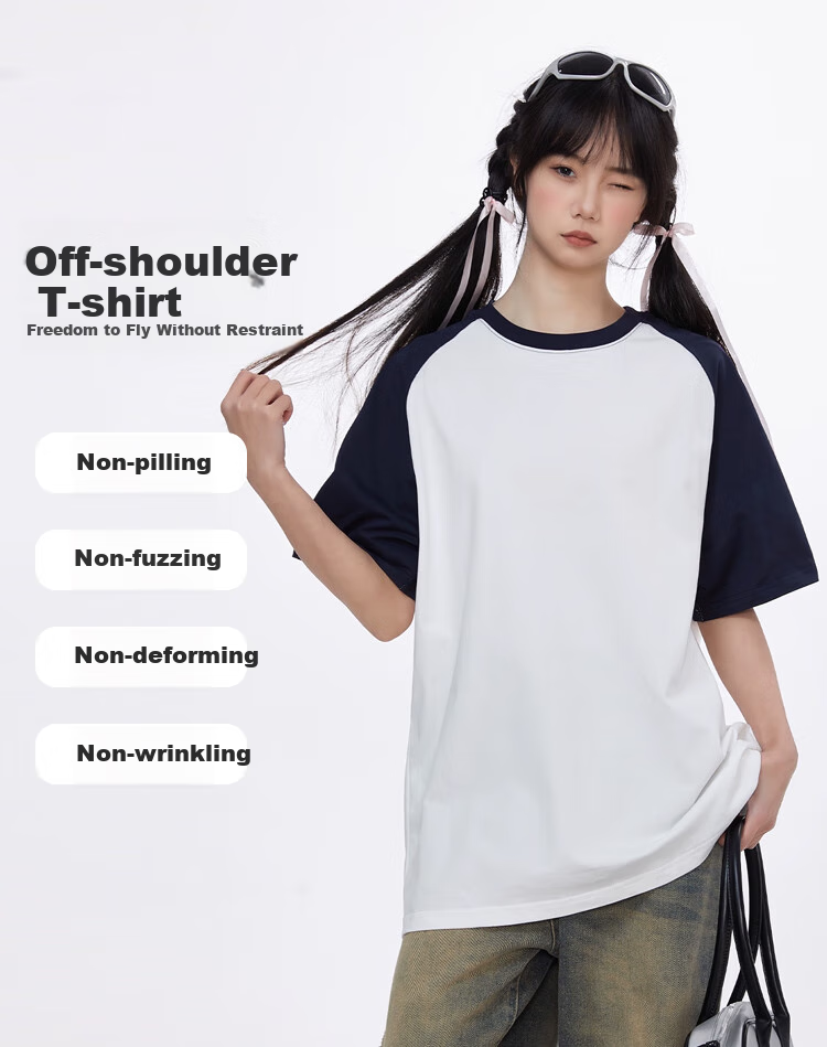 Ziyouxi American-Style Trendy Short-Sleeve T-Shirt for Women, 2026 Summer New Vintage Loose Navy Blue Top, Round Neck Patchwork Half-Sleeve 3