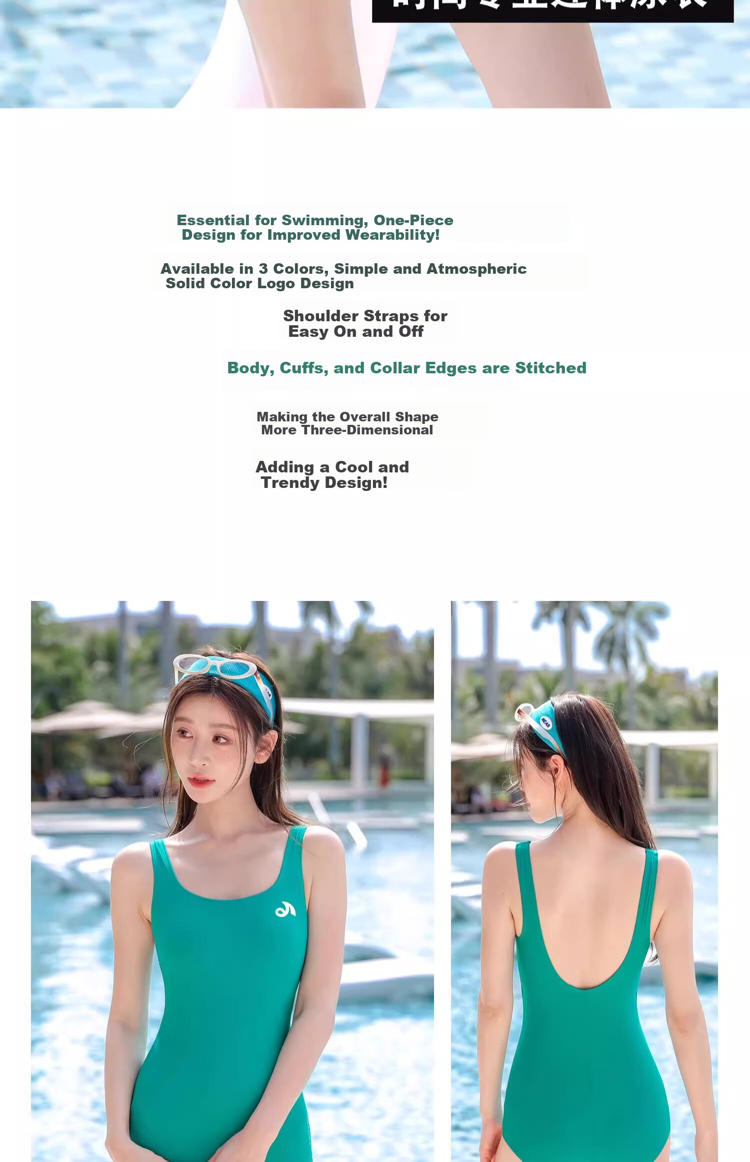 F.DYRAA Women's One-Piece Swimsuit for Competitive Swimming, Professional Pool Swimwear, Slimming Hot Spring Swimwear Three-Piece Set 15232 Cyan Green XL 2