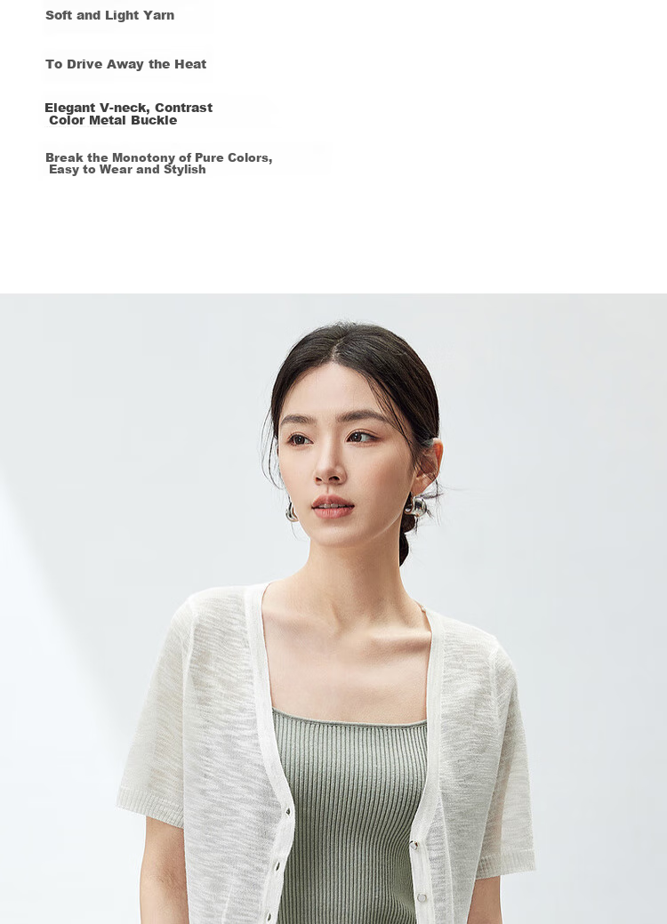 Sentubila Lazy Atmosphere Milk Huhu Refreshing Knit Top for Women, Summer V-Neck Short-Sleeve Cardigan, White, L 1