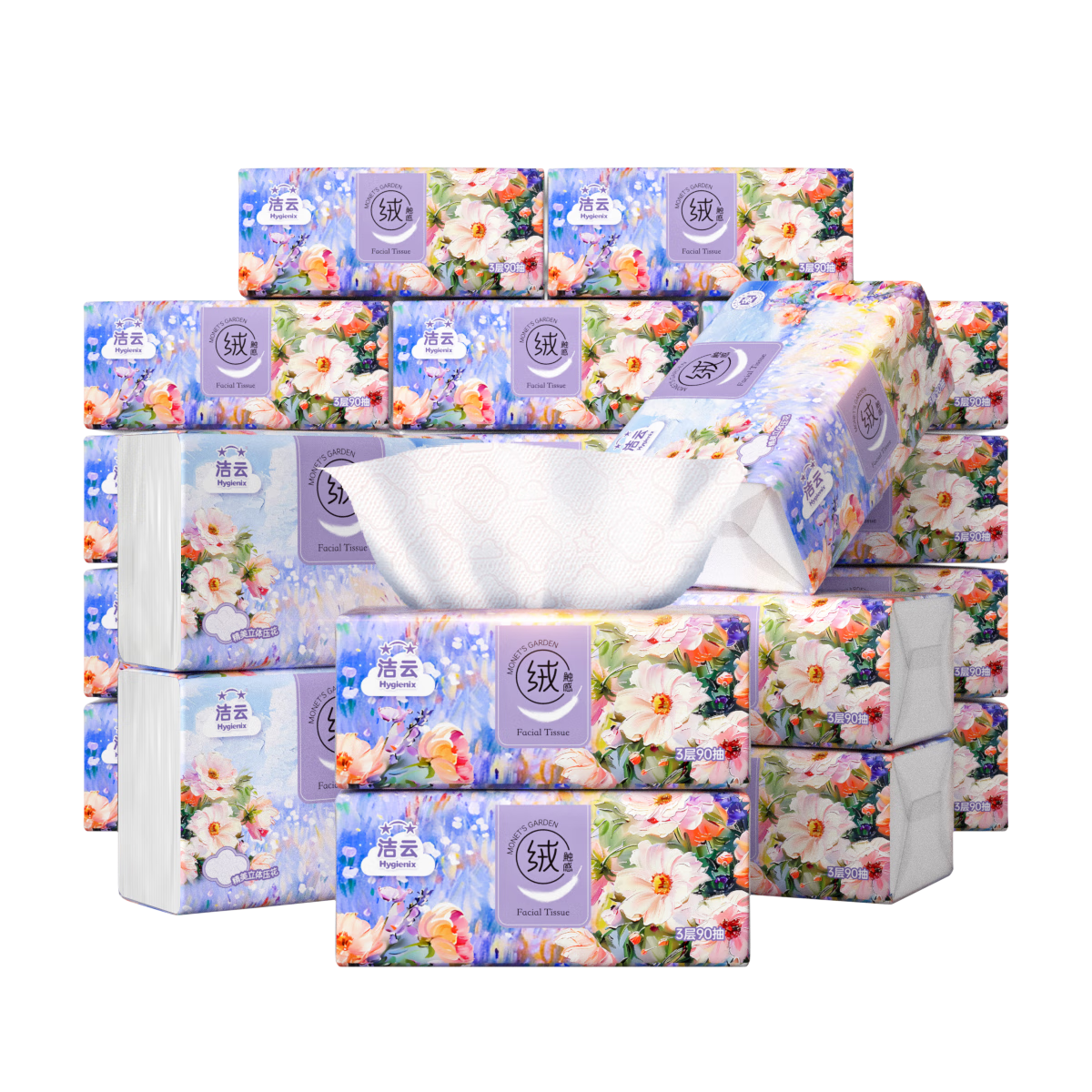 Hygienix Facial Tissues, Monet Garden 3-Ply 90 Sheets * 20 Packs, Soft Touch Embossed Wet Wipes, Toilet Paper