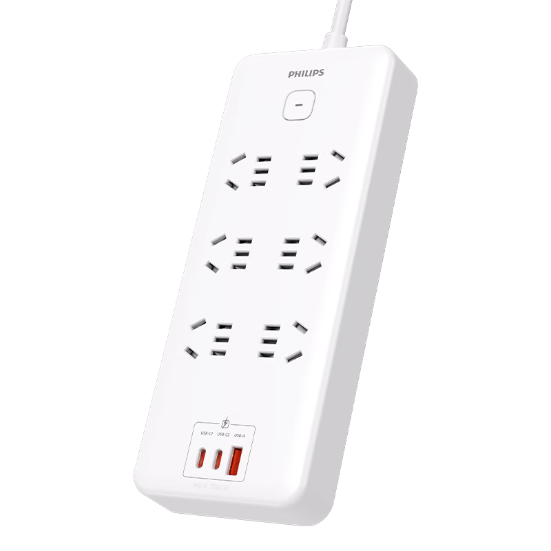 PHILIPS 30W Fast Charging USB Power Strip 6-Outlet Master Control 1.8m Extension Cord with Type-C Multi-Functional Charging Station