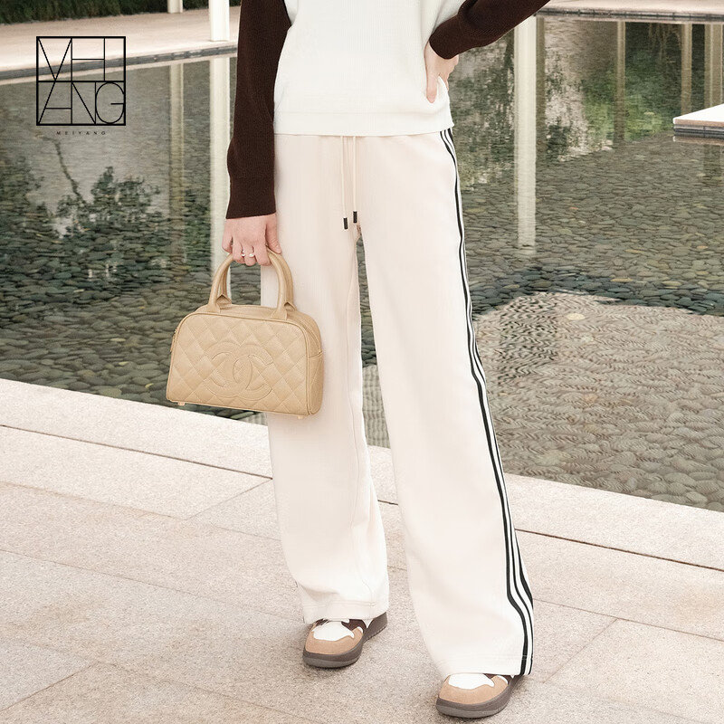 MEIYANG Raw Cheese Casual Pants, Exceptional Skin Feel Air Striped Straight-Leg, Beige Extended Version, S