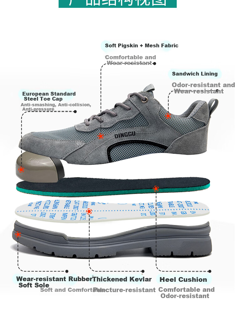 Dinggu Safety Shoes for Men, Anti-Smashing And Puncture-Resistant, Lightweight Work Shoes, Construction Site Steel Toe, All-Season 1101kaqi W38 1