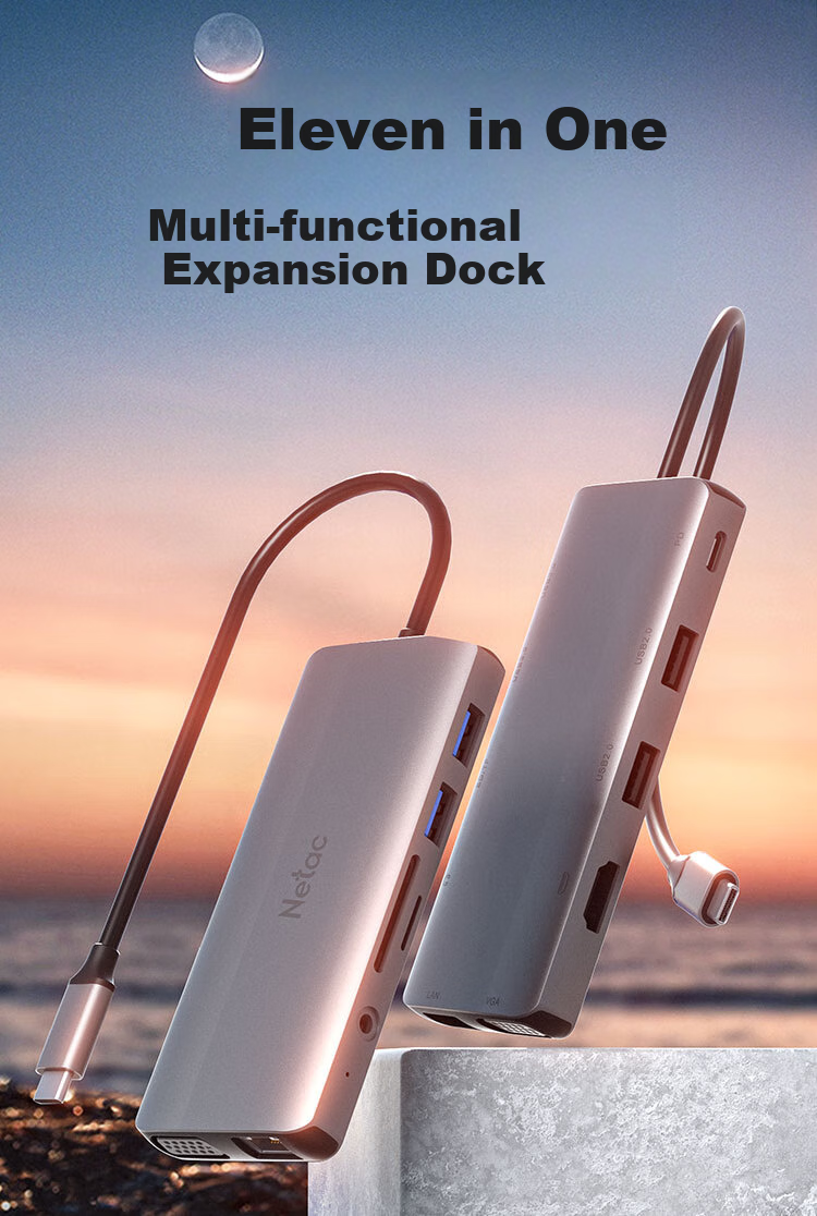 Netac Type-C Eleven-In Expansion Dock Splitter USB-C to HDMI/VGA/Network Port TF/SD Card Reader with 3.5mm Audio, Compatible with M1/M2 Chip MAC WF15 1