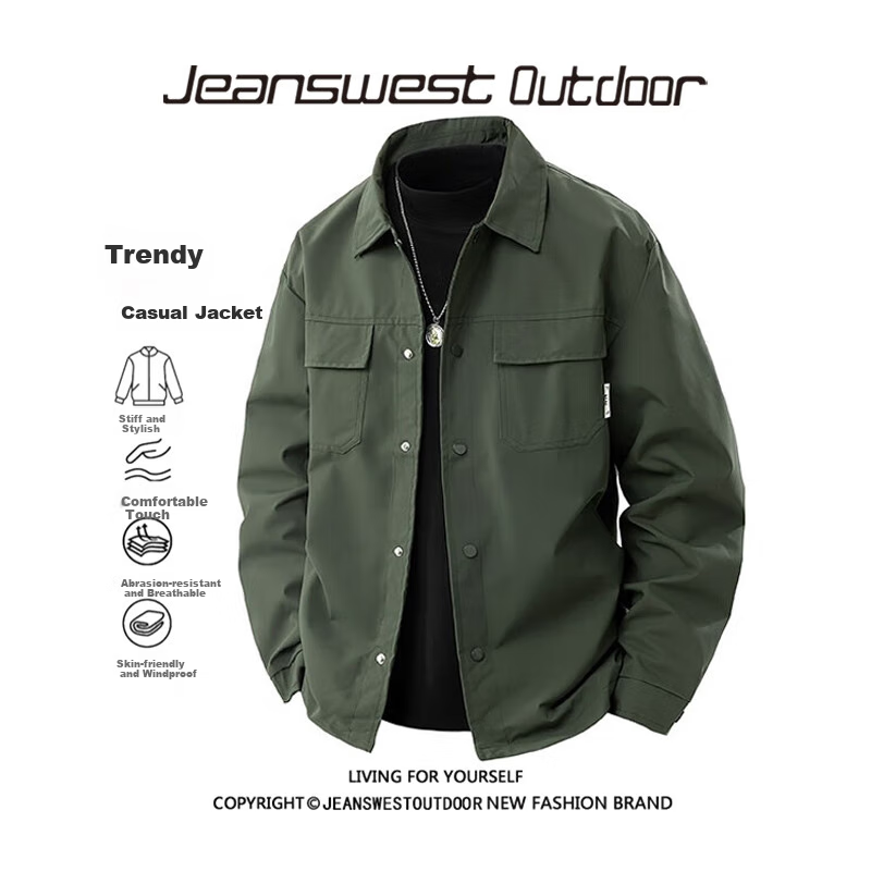 JEANSWEST OUTDOOR Men's Jacket, Spring And Autumn Versatile Loose-Fit Solid Color Lapel Coat, Outdoor Casual Outerwear, Army Green, XL
