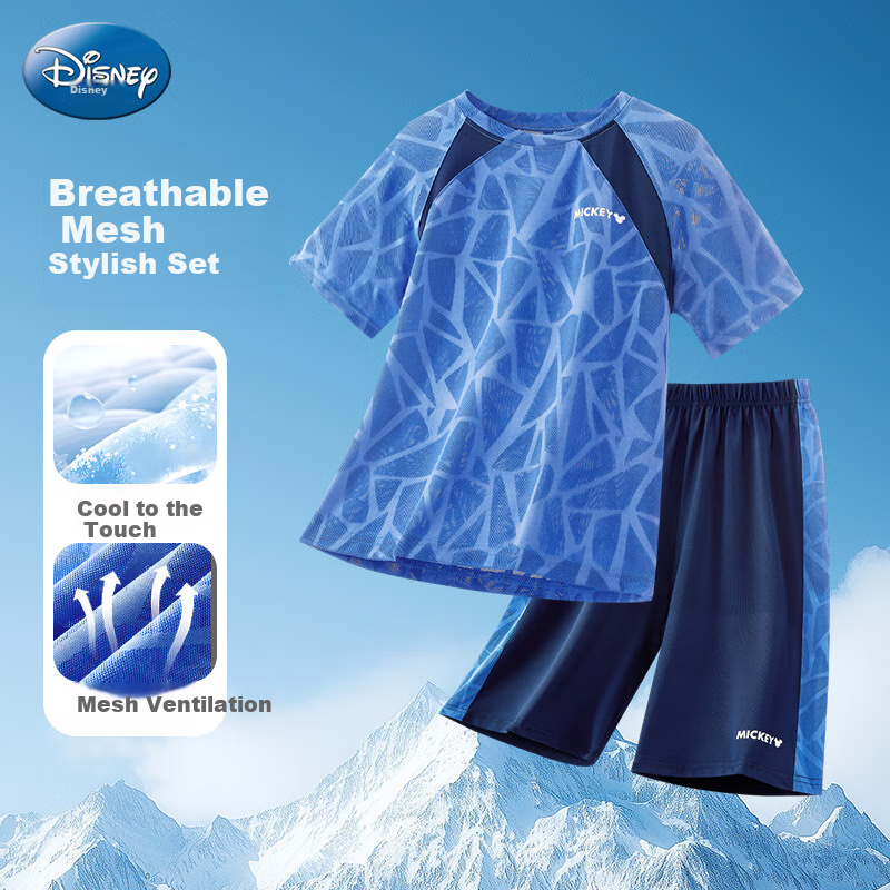Disney Boys' Summer Sports Set, New Boy's Ice Silk Short-Sleeve Shorts Two-Piece Suit, Summer PBZPL3131, Navy Blue, 120