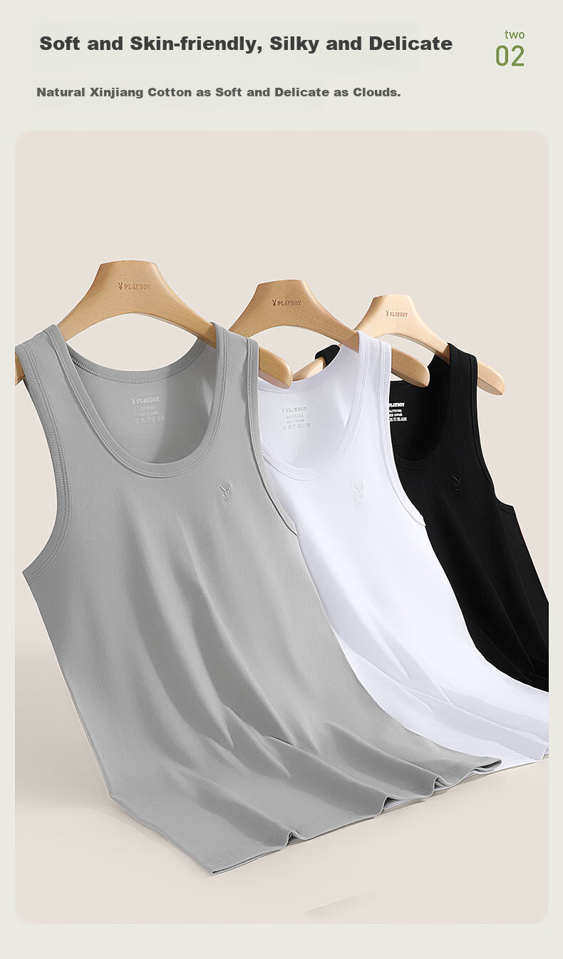 PLAYBOY Pure Cotton Tank Top for Men, Large Size, High Elasticity, Sweat-Wicking, Breathable Undershirt, 2 Pieces 3