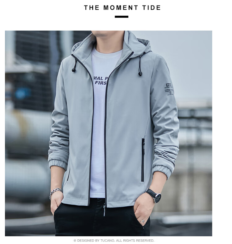 TUCANO Men's Jacket Spring Autumn Detachable Hood Outdoor Versatile Printed Sports Comfortable Top Light Gray 5XL 17
