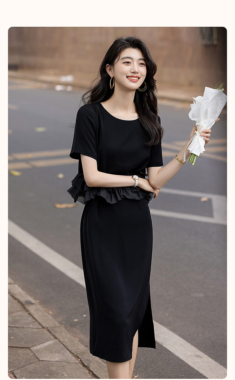 Demana Elegant Faux Two-Piece Summer 80D Textured Ruffle Splice Back Hidden Zipper Mid-Length Women's Dress 3
