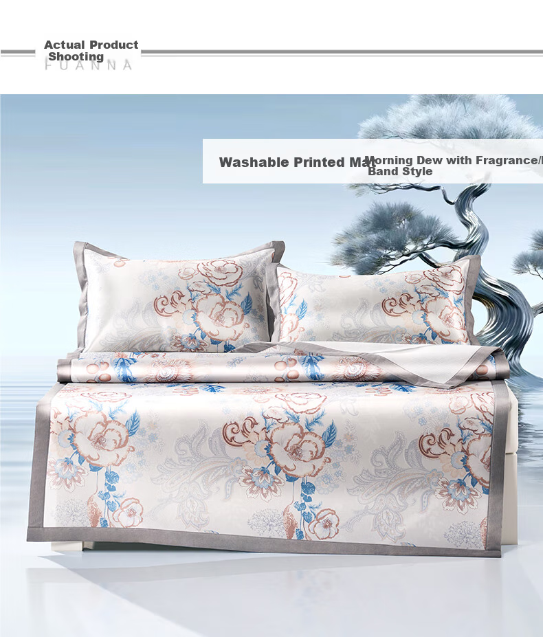 FUANNA Summer Ice Silk Mat, Washable Chinese-Style Printed Cooling Air Conditioning Mat, Elastic Style Double Size Three-Piece Set, 1.8*2 Meters 6