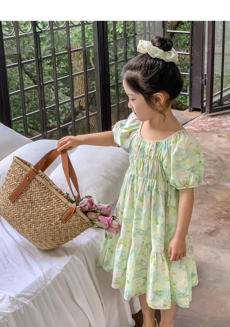 Tutuxiaoxiang Girls' Dress, 100% Cotton, Children's Puff Sleeve Floral Princess Dress, Green, Size 110, Height Approximately 110cm 16