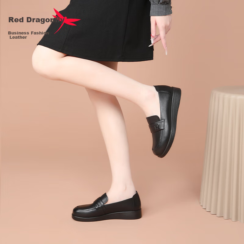 RED DRAGONFLY Women's Single Shoes, Cowhide British Style Leather Shoes, Women's Loafers, Slip-On Mom Shoes, WTB341781, Black, Size 35