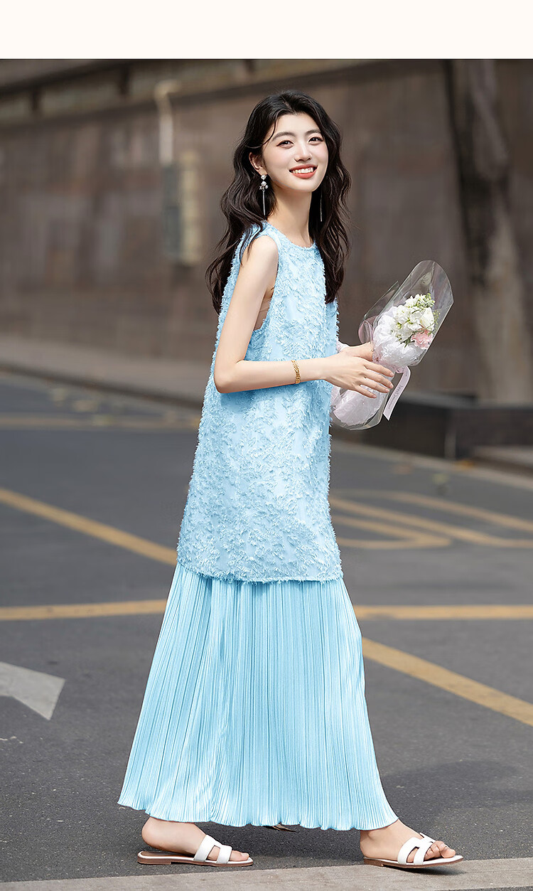 Dme [Design-Inspired Fake Two-Piece] Summer Lightweight Casual Three-Dimensional Pleated Straight-Line Waistless Dress for Wome 7